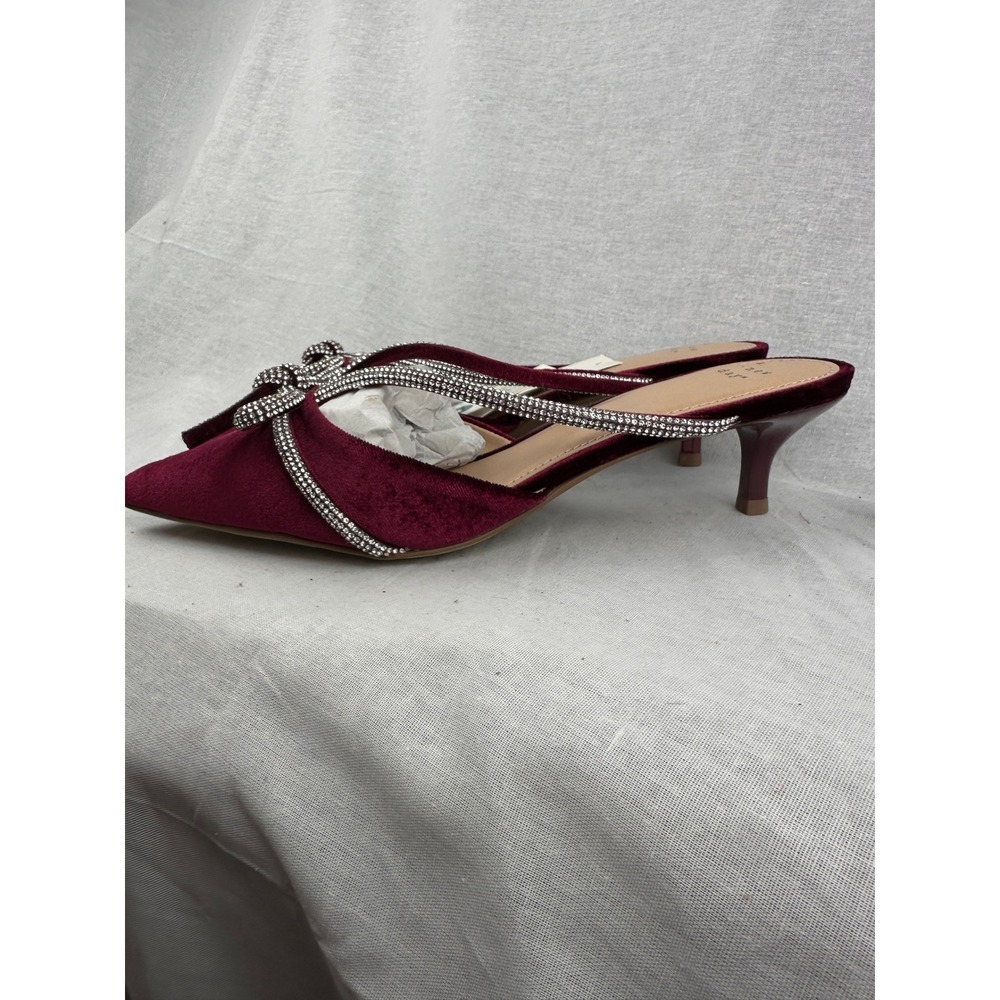 A New Day Womens Burgundy Velvet Rhinestone Bow Pointed Toe‎ Kitten Heel Mules 9 - Picture 4 of 6